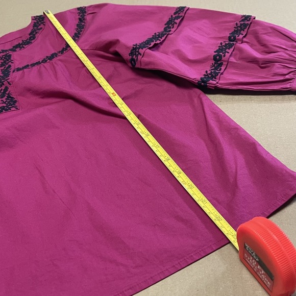 Talbots‎ Women's Embroidered Fuchsia Puff Sleeve Boho V-Neck Top Peasant Stretch - Picture 9 of 12